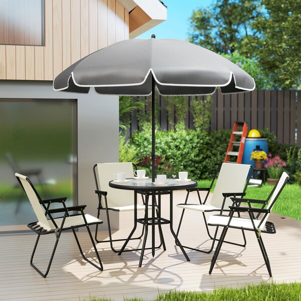 Outsunny 4 Seater Garden Furniture Set, Outdoor Garden Dining Set with Folding Chairs and Round Glass Top Table for Patio, Cream White