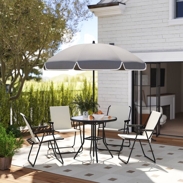 Outsunny 4 Seater Garden Furniture Set, Outdoor Garden Dining Set with Folding Chairs and Round Glass Top Table for Patio, Cream White