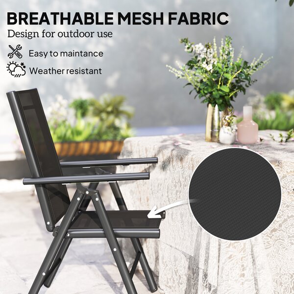 Outsunny Set of 2 Folding Chair, Aluminium Frame Outdoor Camping Chairs with Breathable Mesh Back and Seat, Armrests for Patio Deck Balcony, Black
