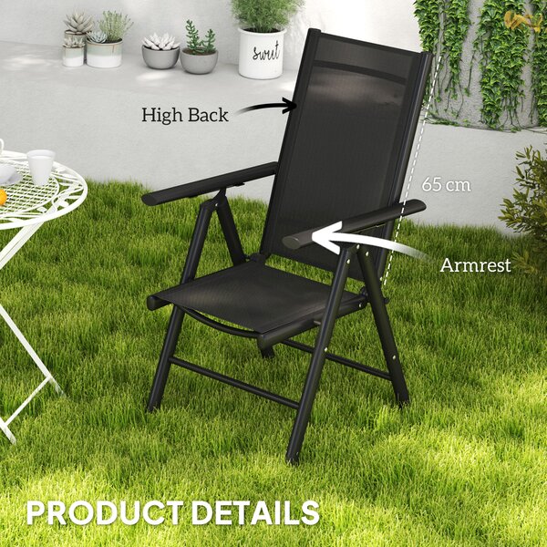 Outsunny Set of 2 Folding Chair, Aluminium Frame Outdoor Camping Chairs with Breathable Mesh Back and Seat, Armrests for Patio Deck Balcony, Black