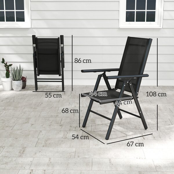 Outsunny Set of 2 Folding Chair, Aluminium Frame Outdoor Camping Chairs with Breathable Mesh Back and Seat, Armrests for Patio Deck Balcony, Black