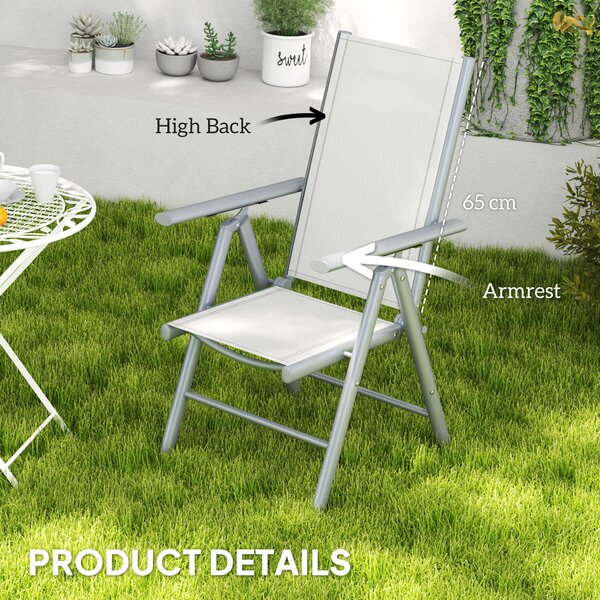 Outsunny Set of 2 Folding Chair, Aluminium Frame Outdoor Camping Chairs with Breathable Back and Seat, Armrests for Patio Deck Balcony, Light Grey