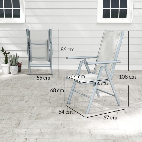 Outsunny Set of 2 Folding Chair, Aluminium Frame Outdoor Camping Chairs with Breathable Back and Seat, Armrests for Patio Deck Balcony, Light Grey