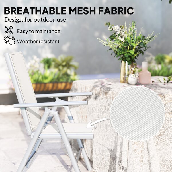 Outsunny Set of 2 Folding Chair, Aluminium Frame Outdoor Camping Chairs with Breathable Back and Seat, Armrests for Patio Deck Balcony, Light Grey
