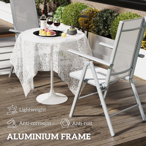 Outsunny Set of 2 Folding Chair, Aluminium Frame Outdoor Camping Chairs with Breathable Back and Seat, Armrests for Patio Deck Balcony, Light Grey