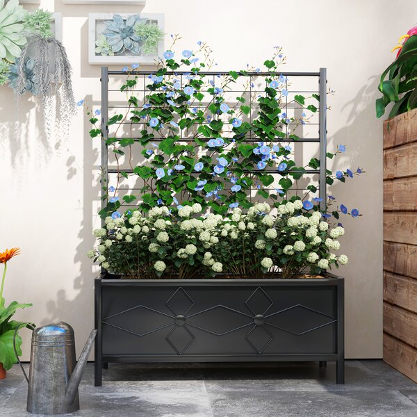 Outsunny Raised Bed for Garden with Trellis, Galvanised Planter Box with Diamond Pattern, Drainage Holes for Vegetables, 90 x 40 x 120 cm, Black