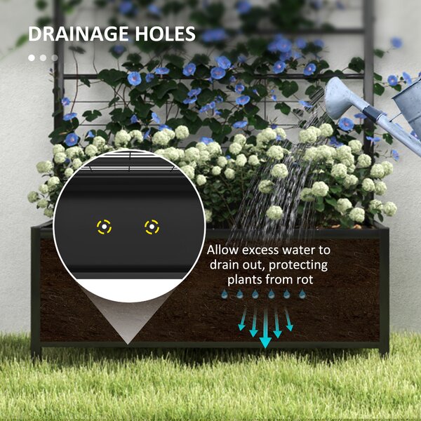 Outsunny Raised Bed for Garden with Trellis, Galvanised Planter Box with Diamond Pattern, Drainage Holes for Vegetables, 90 x 40 x 120 cm, Black
