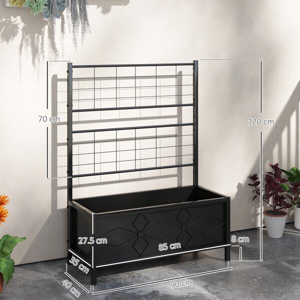 Outsunny Raised Bed for Garden with Trellis, Galvanised Planter Box with Diamond Pattern, Drainage Holes for Vegetables, 90 x 40 x 120 cm, Black
