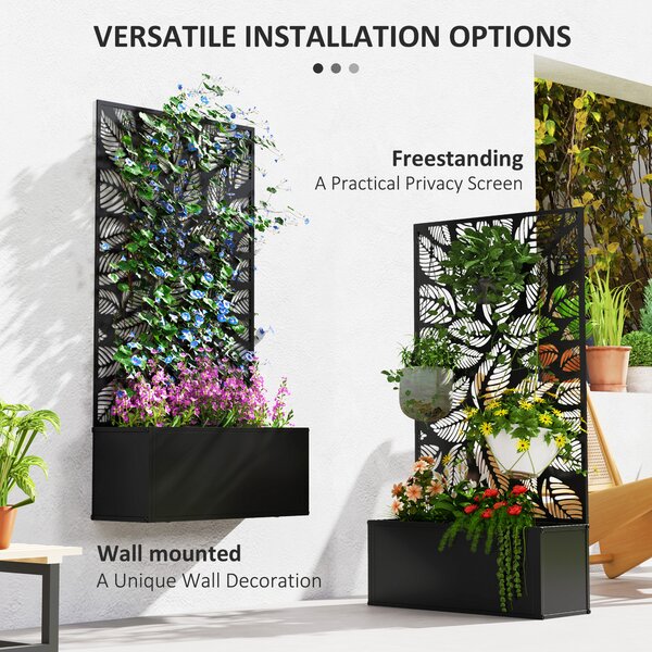 Outsunny Outdoor Metal Planter, with Back Trellis - Black
