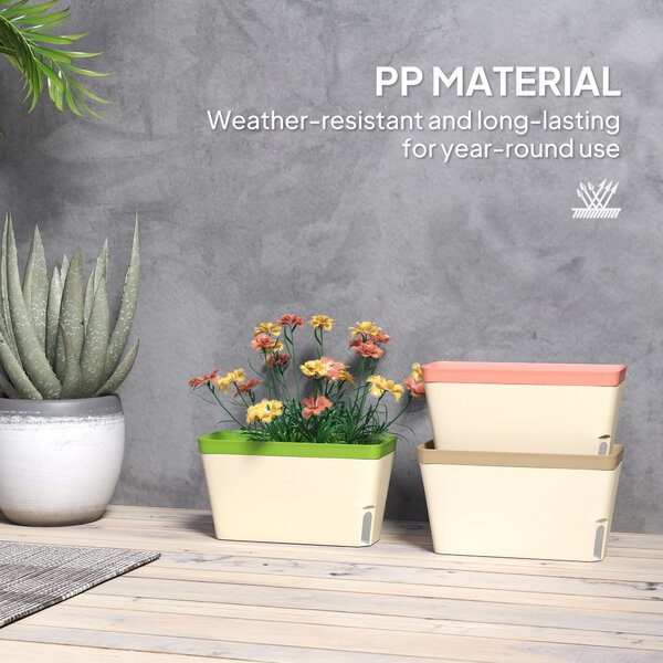 Outsunny Set of 3 Self Watering Plant Pots Outdoor, 27cm Rectangular Garden Planters with Visual Water Level Window for Indoor Outdoor
