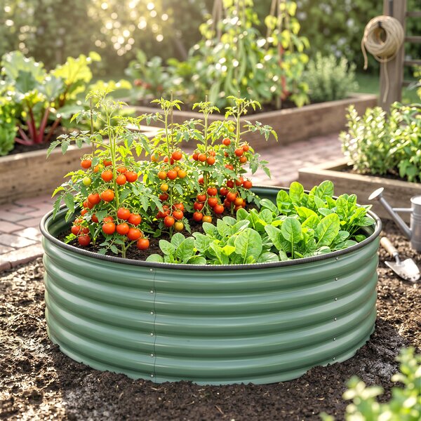 Outsunny Galvanised Raised Garden Bed with Safety Edging, Outdoor Raised Planter Box with Gloves, 120 x 120 x 43cm, Light Green