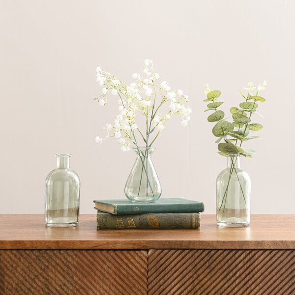 Artificial Set of 3 Eucalyptus and Gypsophila Stems in Glass Vases