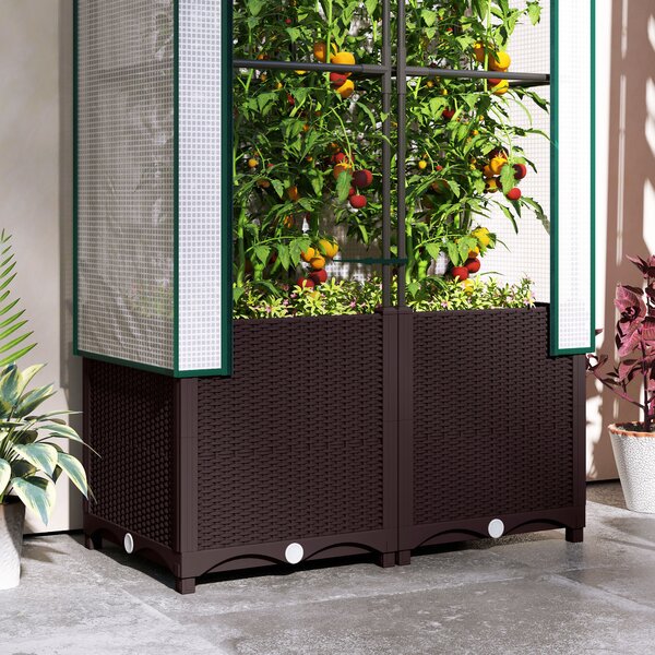Outsunny Raised Garden Bed with Trellis, Plastic Planter Box with Drainage Holes and Drain Plugs for Climbing Plants, Flowers, 80 x 40 x 140cm