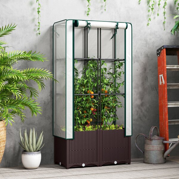 Outsunny Raised Garden Bed with Trellis, Plastic Planter Box with Drainage Holes and Drain Plugs for Climbing Plants, Flowers, 80 x 40 x 140cm