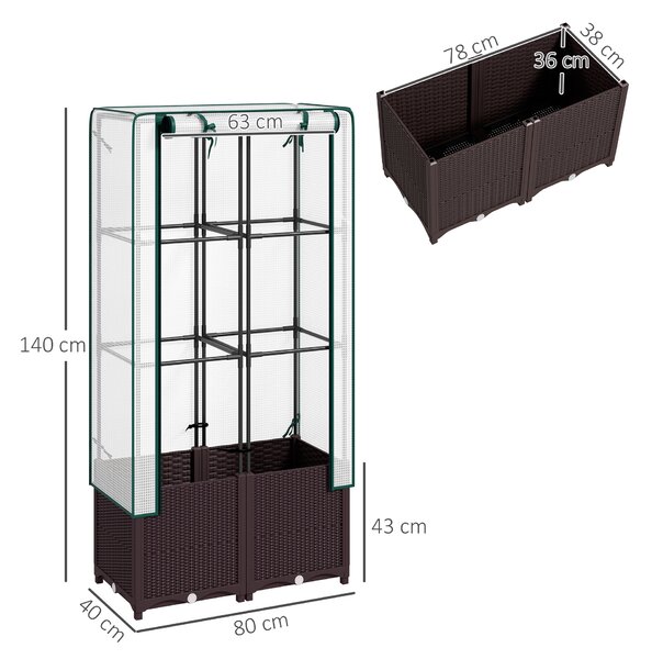 Outsunny Raised Garden Bed with Trellis, Plastic Planter Box with Drainage Holes and Drain Plugs for Climbing Plants, Flowers, 80 x 40 x 140cm