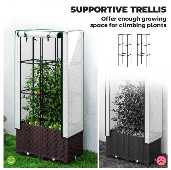 Outsunny Raised Garden Bed with Trellis, Plastic Planter Box with Drainage Holes and Drain Plugs for Climbing Plants, Flowers, 80 x 40 x 140cm