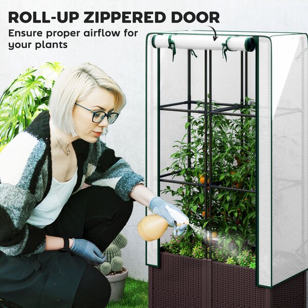 Outsunny Raised Garden Bed with Trellis, Plastic Planter Box with Drainage Holes and Drain Plugs for Climbing Plants, Flowers, 80 x 40 x 140cm