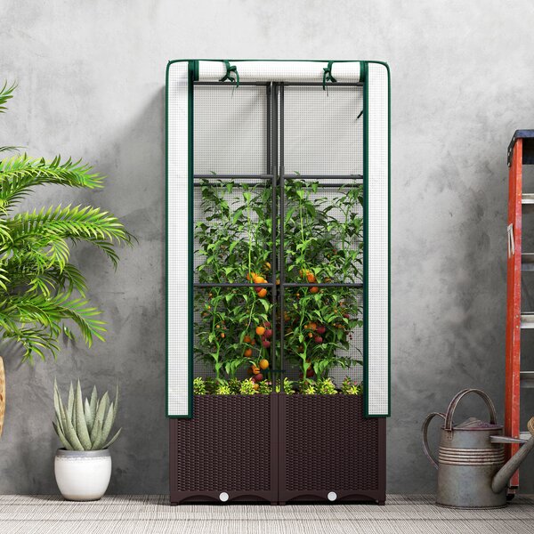 Outsunny Raised Garden Bed with Trellis, Plastic Planter Box with Drainage Holes and Drain Plugs for Climbing Plants, Flowers, 80 x 40 x 140cm