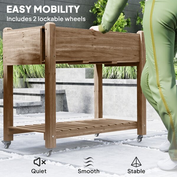 Outsunny Raised Garden Bed, Wooden Elevated Planter Box with Lockable Wheels, Side Tables and Bottom Shelf for Flowers, Fruits, Carbonised