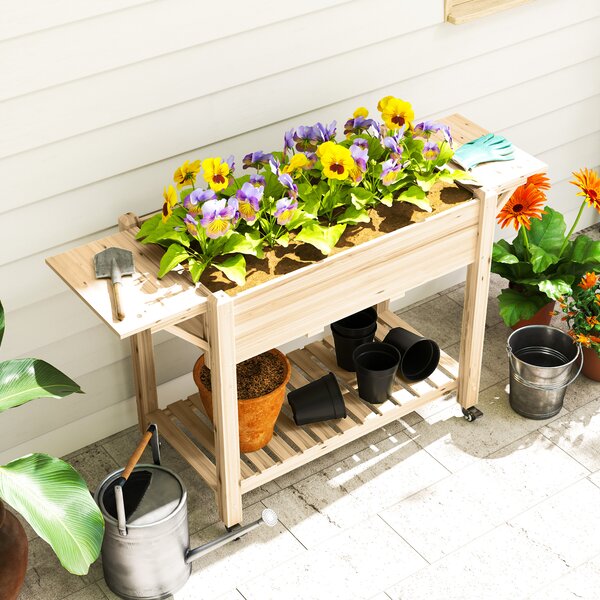 Outsunny Raised Garden Bed, Wooden Elevated Planter Box with Lockable Wheels, Side Tables and Bottom Shelf for Vegetables, Flowers, Natural