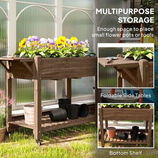 Outsunny Raised Garden Bed, Wooden Elevated Planter Box with Lockable Wheels, Side Tables and Bottom Shelf for Flowers, Fruits, Carbonised
