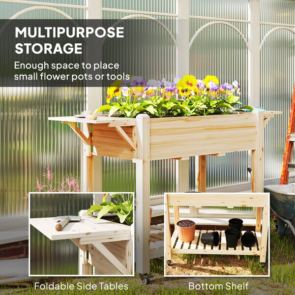 Outsunny Raised Garden Bed, Wooden Elevated Planter Box with Lockable Wheels, Side Tables and Bottom Shelf for Vegetables, Flowers, Natural