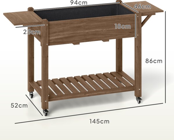 Outsunny Raised Garden Bed, Wooden Elevated Planter Box with Lockable Wheels, Side Tables and Bottom Shelf for Flowers, Fruits, Carbonised