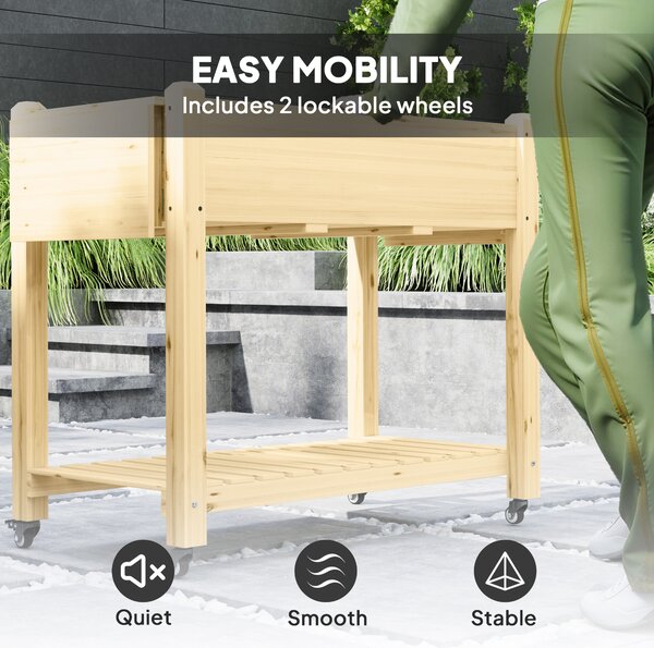 Outsunny Raised Garden Bed, Wooden Elevated Planter Box with Lockable Wheels, Side Tables and Bottom Shelf for Vegetables, Flowers, Natural