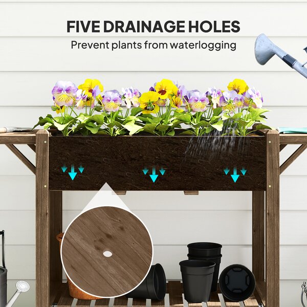 Outsunny Raised Garden Bed, Wooden Elevated Planter Box with Lockable Wheels, Side Tables and Bottom Shelf for Flowers, Fruits, Carbonised