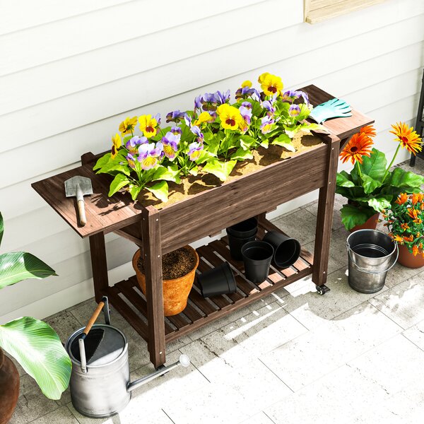 Outsunny Raised Garden Bed, Wooden Elevated Planter Box with Lockable Wheels, Side Tables and Bottom Shelf for Flowers, Fruits, Carbonised
