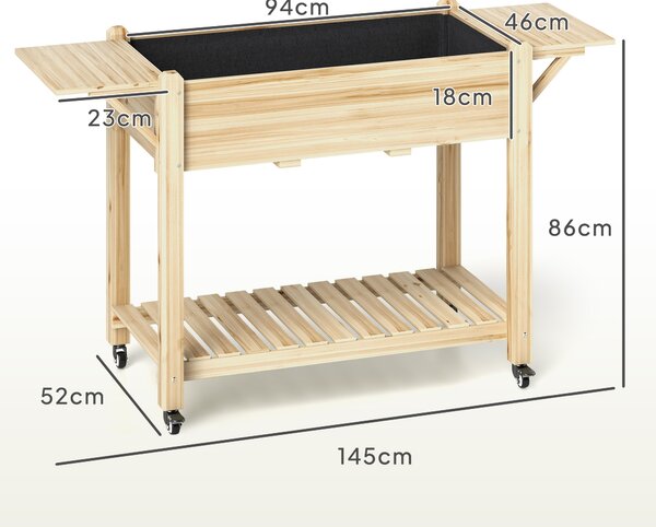 Outsunny Raised Garden Bed, Wooden Elevated Planter Box with Lockable Wheels, Side Tables and Bottom Shelf for Vegetables, Flowers, Natural