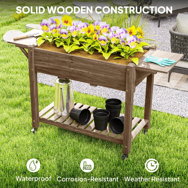 Outsunny Raised Garden Bed, Wooden Elevated Planter Box with Lockable Wheels, Side Tables and Bottom Shelf for Flowers, Fruits, Carbonised