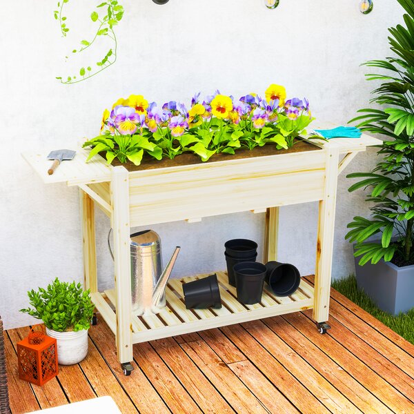 Outsunny Raised Garden Bed, Wooden Elevated Planter Box with Lockable Wheels, Side Tables and Bottom Shelf for Vegetables, Flowers, Natural