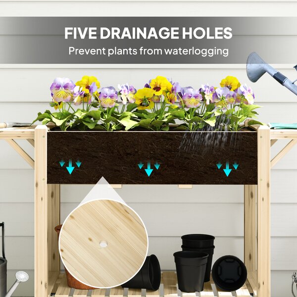 Outsunny Raised Garden Bed, Wooden Elevated Planter Box with Lockable Wheels, Side Tables and Bottom Shelf for Vegetables, Flowers, Natural