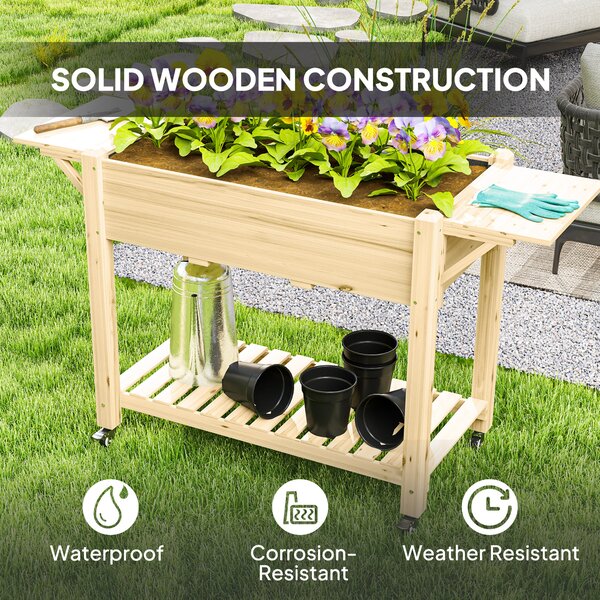 Outsunny Raised Garden Bed, Wooden Elevated Planter Box with Lockable Wheels, Side Tables and Bottom Shelf for Vegetables, Flowers, Natural