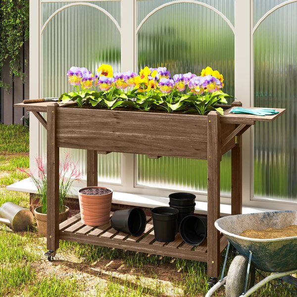 Outsunny Raised Garden Bed, Wooden Elevated Planter Box with Lockable Wheels, Side Tables and Bottom Shelf for Flowers, Fruits, Carbonised