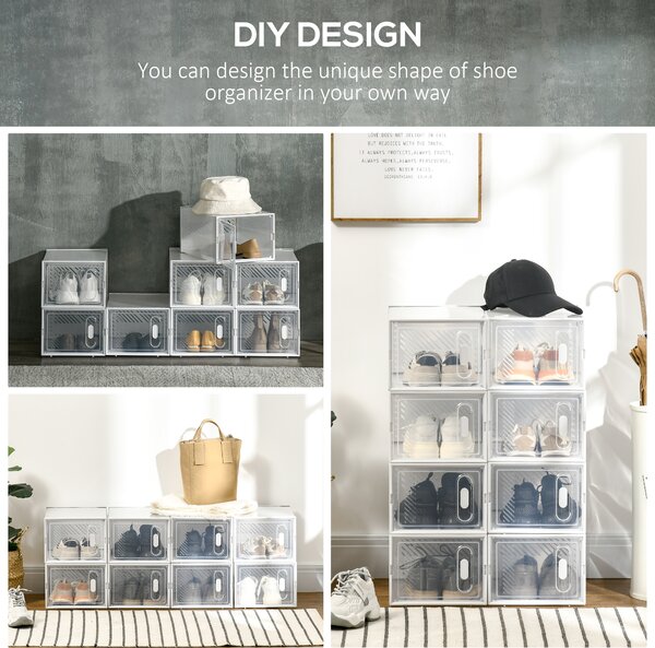HOMCOM 8PCS Clear Shoe Box, Plastic Stackable Shoe Storage Box for UK/EU Size up to 8.5/43 with Magnetic Door for Women/Men, 25 x 35 x 19cm