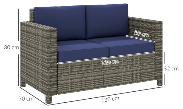 Outsunny 2 Seater Garden Furniture, Rattan Sofa with Soft Padded Cushion and Armrests, Wicker Garden Loveseat for Patio, Navy Blue