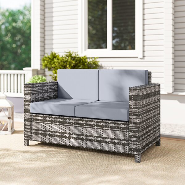 Outsunny 2 Seater Garden Furniture, Rattan Sofa with Soft Padded Cushion and Armrests, Wicker Garden Loveseat for Patio, Mixed Grey