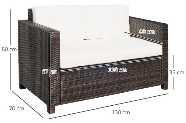 Outsunny 2 Seater Garden Furniture, Rattan Sofa with Soft Padded Cushion and Armrests, Wicker Garden Loveseat for Patio, Mixed Brown