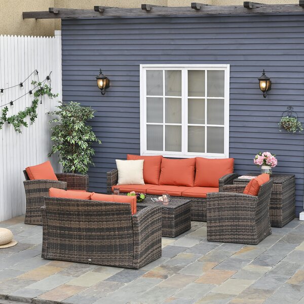 Outsunny 6 Pieces Rattan Garden Furniture Set, 7 Seater Wicker Outdoor Furniture Set with Storage Tea Table, Side Table, Cushions, Orange