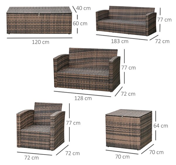 Outsunny 6 Pieces Rattan Garden Furniture Set, 7 Seater Wicker Outdoor Furniture Set with Storage Tea Table, Side Table, Cushions, Orange