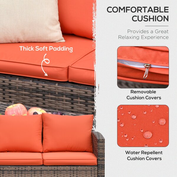 Outsunny 6 Pieces Rattan Garden Furniture Set, 7 Seater Wicker Outdoor Furniture Set with Storage Tea Table, Side Table, Cushions, Orange