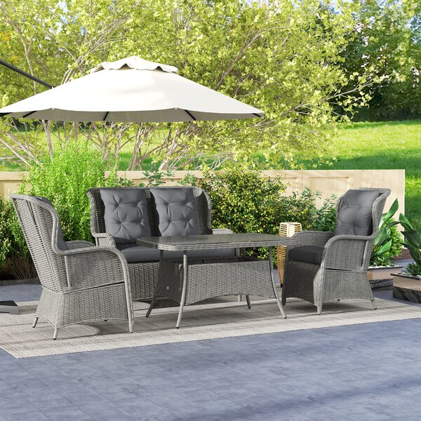 Outsunny Garden PE Rattan Dining Sofa Set, Outdoor 4 Seater Wicker Furniture, High Back Chairs with Cushions for Patio, Light Grey
