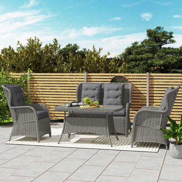 Outsunny Garden PE Rattan Dining Sofa Set, Outdoor 4 Seater Wicker Furniture, High Back Chairs with Cushions for Patio, Light Grey
