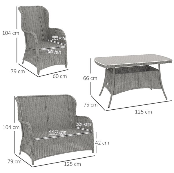 Outsunny Garden PE Rattan Dining Sofa Set, Outdoor 4 Seater Wicker Furniture, High Back Chairs with Cushions for Patio, Light Grey