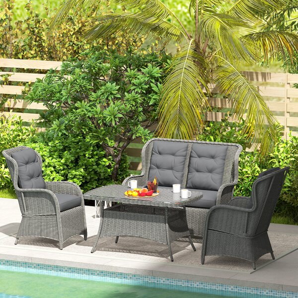 Outsunny Garden PE Rattan Dining Sofa Set, Outdoor 4 Seater Wicker Furniture, High Back Chairs with Cushions for Patio, Light Grey