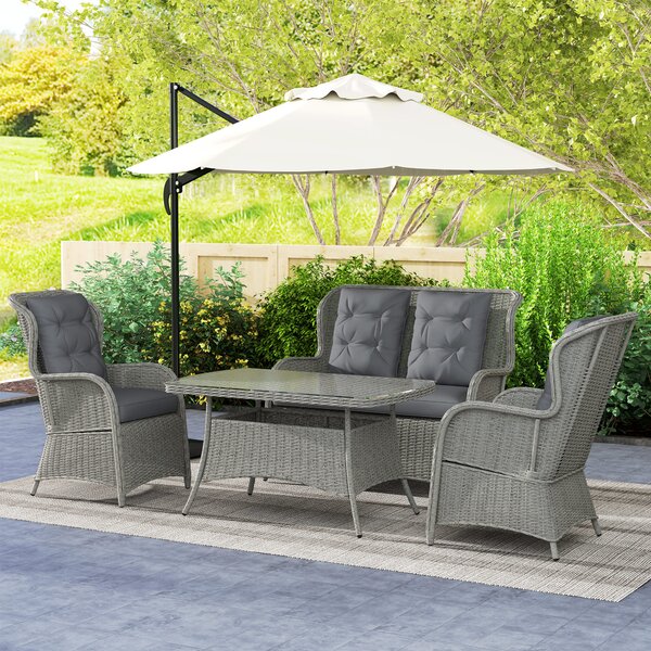Outsunny Garden PE Rattan Dining Sofa Set, Outdoor 4 Seater Wicker Furniture, High Back Chairs with Cushions for Patio, Light Grey