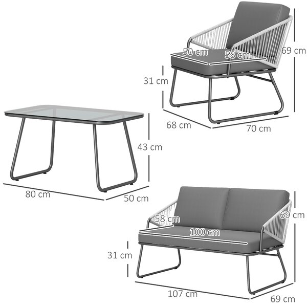 Outsunny 4 Piece Rattan Garden Furniture Set, Wicker Patio Outdoor Furniture Set with Loveseat, Glass Top Coffee Table for Patio, Balcony, Grey