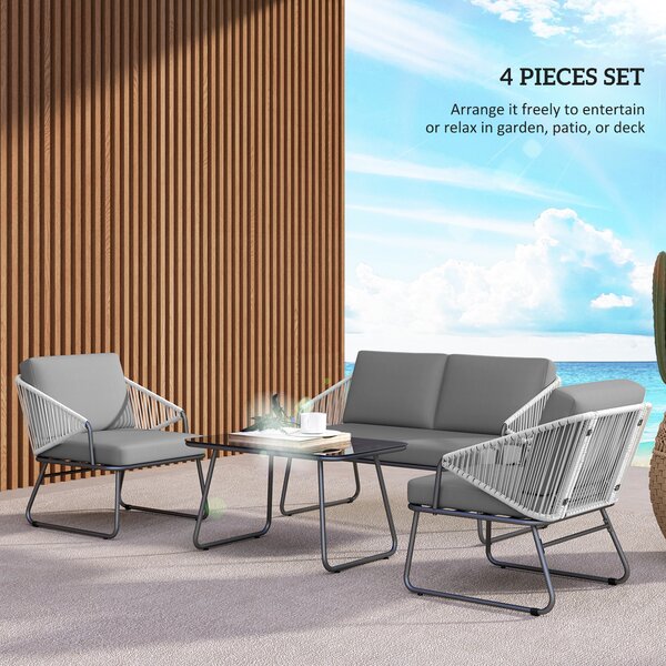 Outsunny 4 Piece Rattan Garden Furniture Set, Wicker Patio Outdoor Furniture Set with Loveseat, Glass Top Coffee Table for Patio, Balcony, Grey
